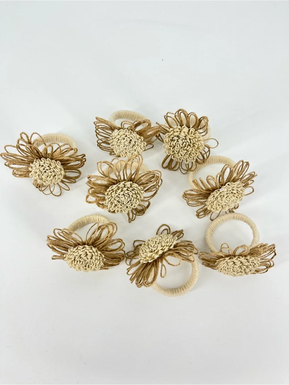 Napkin Rings Burlap Floral Set of 8 Brown Cream Dinning Decor Table Setting